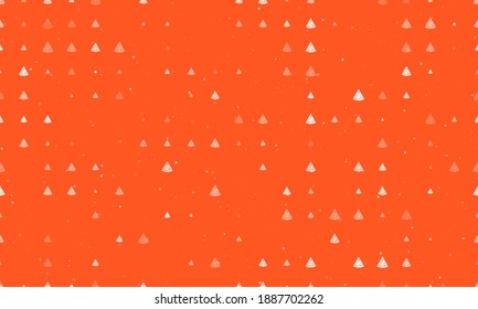 Seamless background pattern of evenly spaced white slice of pizzas of different sizes and opacity. Vector illustration on deep orange background with stars