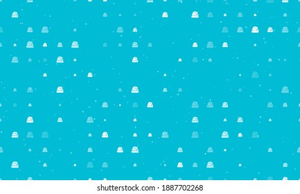 Seamless background pattern of evenly spaced white santa claus hat symbols of different sizes and opacity. Vector illustration on cyan background with stars