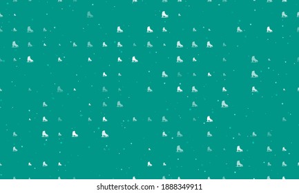 Seamless background pattern of evenly spaced white womens ice skates of different sizes and opacity. Vector illustration on teal background with stars