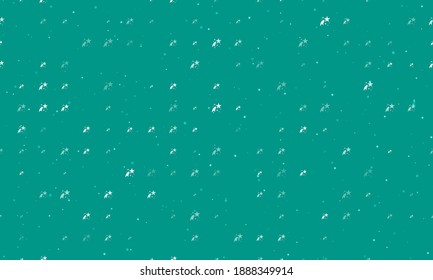 Seamless background pattern of evenly spaced white fireworks symbols of different sizes and opacity. Vector illustration on teal background with stars