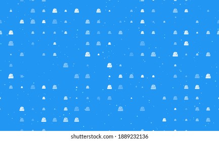 Seamless background pattern of evenly spaced white santa claus hat symbols of different sizes and opacity. Vector illustration on blue background with stars