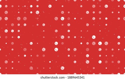 Seamless background pattern of evenly spaced white tennis balls of different sizes and opacity. Vector illustration on red background with stars