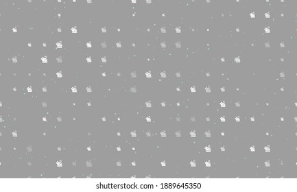 Seamless background pattern of evenly spaced white roasted turkeys of different sizes and opacity. Vector illustration on grey background with stars