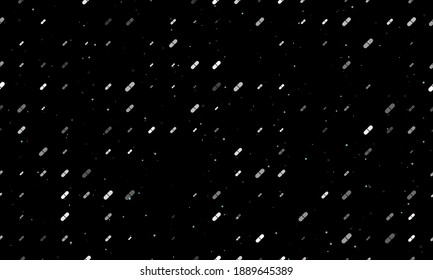Seamless background pattern of evenly spaced white medical capsule symbols of different sizes and opacity. Vector illustration on black background with stars