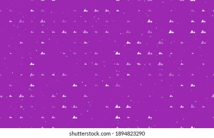 Seamless background pattern of evenly spaced white mountains symbols of different sizes and opacity. Vector illustration on purple background with stars