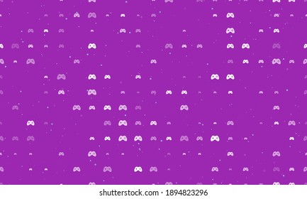 Seamless background pattern of evenly spaced white joystick symbols of different sizes and opacity. Vector illustration on purple background with stars
