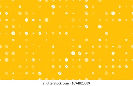 Seamless background pattern of evenly spaced white pill symbols of different sizes and opacity. Vector illustration on amber background with stars