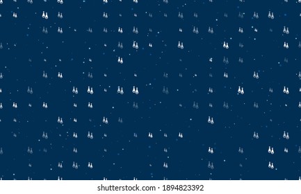 Seamless background pattern of evenly spaced white earrings symbols of different sizes and opacity. Vector illustration on dark blue background with stars
