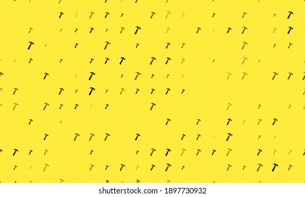 Seamless background pattern of evenly spaced black hammer symbols of different sizes and opacity. Vector illustration on yellow background with stars