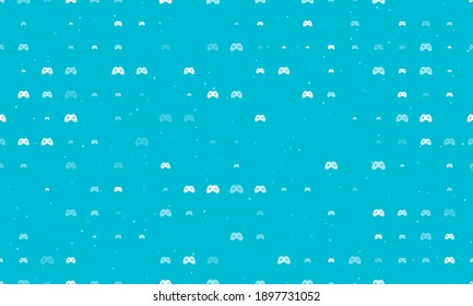 Seamless background pattern of evenly spaced white joystick symbols of different sizes and opacity. Vector illustration on cyan background with stars