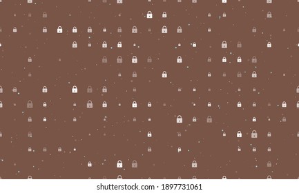 Seamless background pattern of evenly spaced white padlock symbols of different sizes and opacity. Vector illustration on brown background with stars