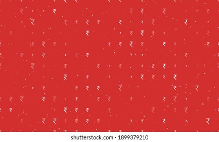 Seamless background pattern of evenly spaced white indian rupee symbols of different sizes and opacity. Vector illustration on red background with stars