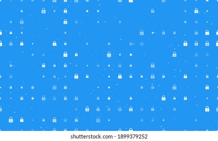 Seamless background pattern of evenly spaced white padlock symbols of different sizes and opacity. Vector illustration on blue background with stars