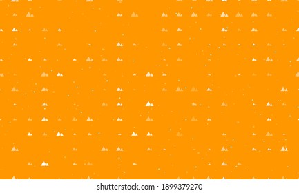 Seamless background pattern of evenly spaced white mountains symbols of different sizes and opacity. Vector illustration on orange background with stars