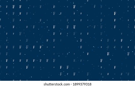 Seamless background pattern of evenly spaced white franc symbols of different sizes and opacity. Vector illustration on dark blue background with stars