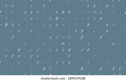 Seamless background pattern of evenly spaced white hammer symbols of different sizes and opacity. Vector illustration on blue grey background with stars
