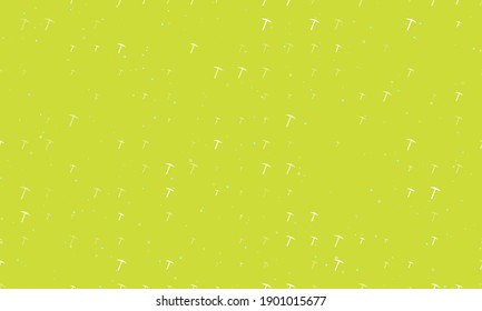 Seamless background pattern of evenly spaced white pickaxe symbols of different sizes and opacity. Vector illustration on lime background with stars