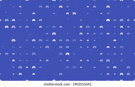 Seamless background pattern of evenly spaced white joystick symbols of different sizes and opacity. Vector illustration on indigo background with stars
