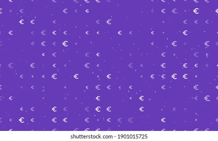 Seamless background pattern of evenly spaced white euro symbols of different sizes and opacity. Vector illustration on deep purple background with stars
