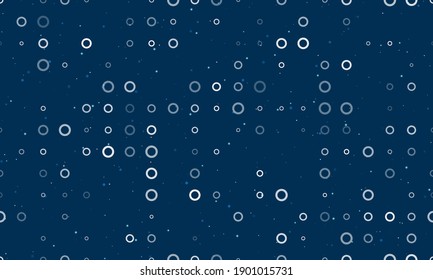 Seamless background pattern of evenly spaced white circle symbols of different sizes and opacity. Vector illustration on dark blue background with stars