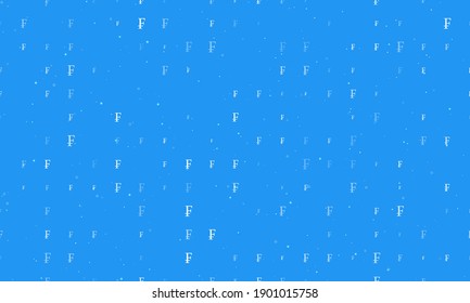 Seamless background pattern of evenly spaced white franc symbols of different sizes and opacity. Vector illustration on blue background with stars