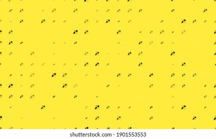 Seamless background pattern of evenly spaced black fireworks symbols of different sizes and opacity. Vector illustration on yellow background with stars