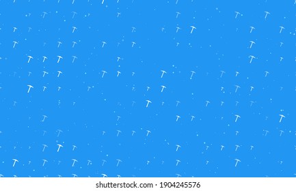 Seamless background pattern of evenly spaced white pickaxe symbols of different sizes and opacity. Vector illustration on blue background with stars