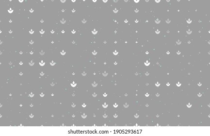 Seamless background pattern of evenly spaced white water lily symbols of different sizes and opacity. Vector illustration on grey background with stars
