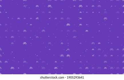 Seamless background pattern of evenly spaced white bicycle symbols of different sizes and opacity. Vector illustration on deep purple background with stars
