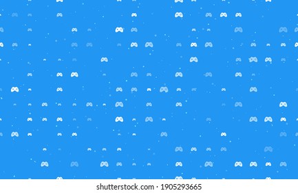 Seamless background pattern of evenly spaced white joystick symbols of different sizes and opacity. Vector illustration on blue background with stars