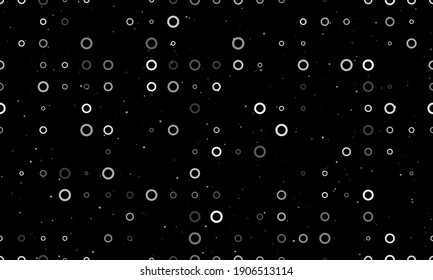 Seamless background pattern of evenly spaced white circle symbols of different sizes and opacity. Vector illustration on black background with stars