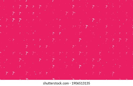 Seamless background pattern of evenly spaced white pickaxe symbols of different sizes and opacity. Vector illustration on pink background with stars