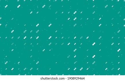 Seamless background pattern of evenly spaced white medical capsule symbols of different sizes and opacity. Vector illustration on teal background with stars