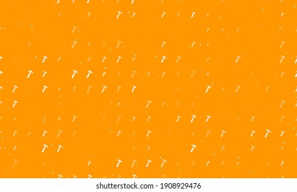 Seamless background pattern of evenly spaced white hammer symbols of different sizes and opacity. Vector illustration on orange background with stars