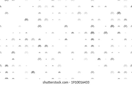 Seamless background pattern of evenly spaced black bicycle symbols of different sizes and opacity. Vector illustration on white background