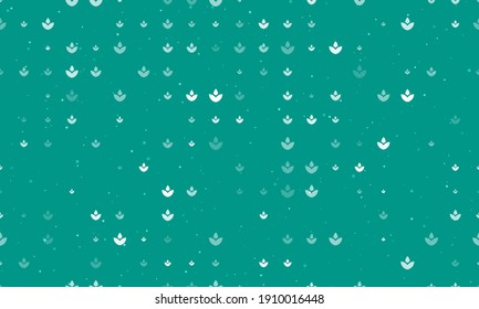 Seamless background pattern of evenly spaced white water lily symbols of different sizes and opacity. Vector illustration on teal background with stars