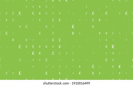 Seamless background pattern of evenly spaced white lira symbols of different sizes and opacity. Vector illustration on light green background with stars