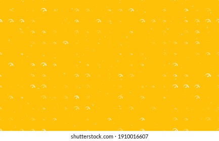 Seamless background pattern of evenly spaced white tachometer symbols of different sizes and opacity. Vector illustration on amber background with stars