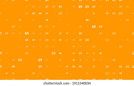 Seamless background pattern of evenly spaced white polymer symbols of different sizes and opacity. Vector illustration on orange background with stars