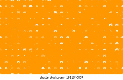 Seamless background pattern of evenly spaced white joystick symbols of different sizes and opacity. Vector illustration on orange background with stars