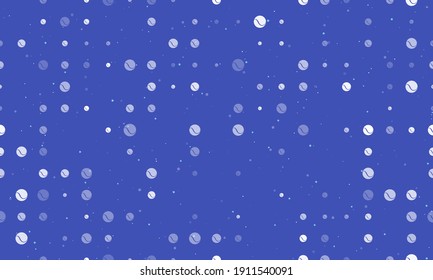 Seamless background pattern of evenly spaced white tennis balls of different sizes and opacity. Vector illustration on indigo background with stars