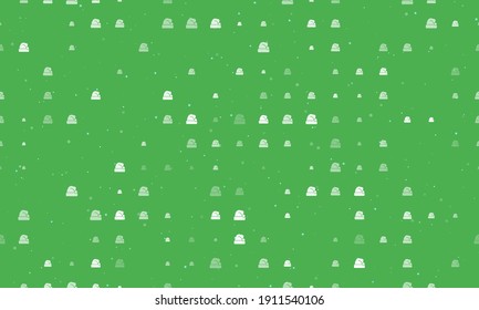 Seamless background pattern of evenly spaced white santa claus hat symbols of different sizes and opacity. Vector illustration on green background with stars