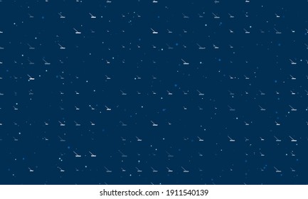 Patrón de fondo sin foco de símbolos de rastrillo blanco pares y espaciados de diferentes tamaños y opacidad. Ilustración vectorial sobre fondo azul oscuro con estrellas