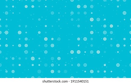 Seamless background pattern of evenly spaced white chip symbols of different sizes and opacity. Vector illustration on cyan background with stars