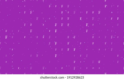 Seamless background pattern of evenly spaced white franc symbols of different sizes and opacity. Vector illustration on purple background with stars
