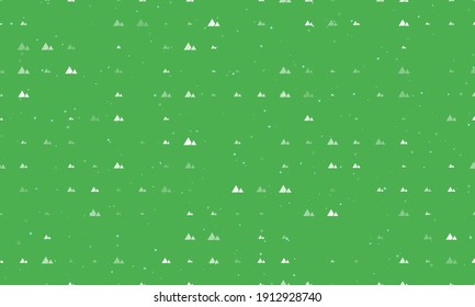 Seamless background pattern of evenly spaced white mountains symbols of different sizes and opacity. Vector illustration on green background with stars