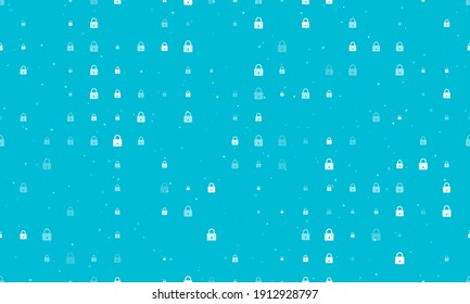 Seamless background pattern of evenly spaced white padlock symbols of different sizes and opacity. Vector illustration on cyan background with stars