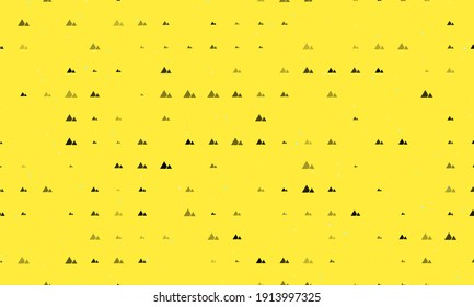Seamless background pattern of evenly spaced black mountains symbols of different sizes and opacity. Vector illustration on yellow background with stars