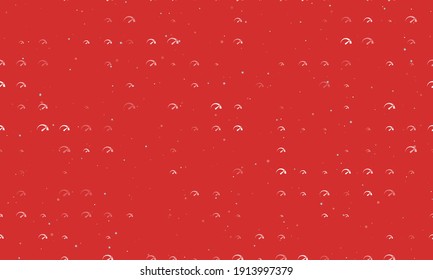 Seamless background pattern of evenly spaced white tachometer symbols of different sizes and opacity. Vector illustration on red background with stars