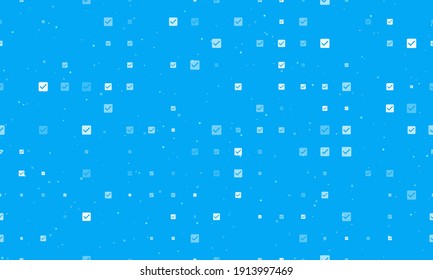 Seamless background pattern of evenly spaced white checkbox symbols of different sizes and opacity. Vector illustration on light blue background with stars